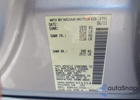 2015 Nissan Altima 2.5 from USA, damaged, VIN 1N4AL3AP9FC455354